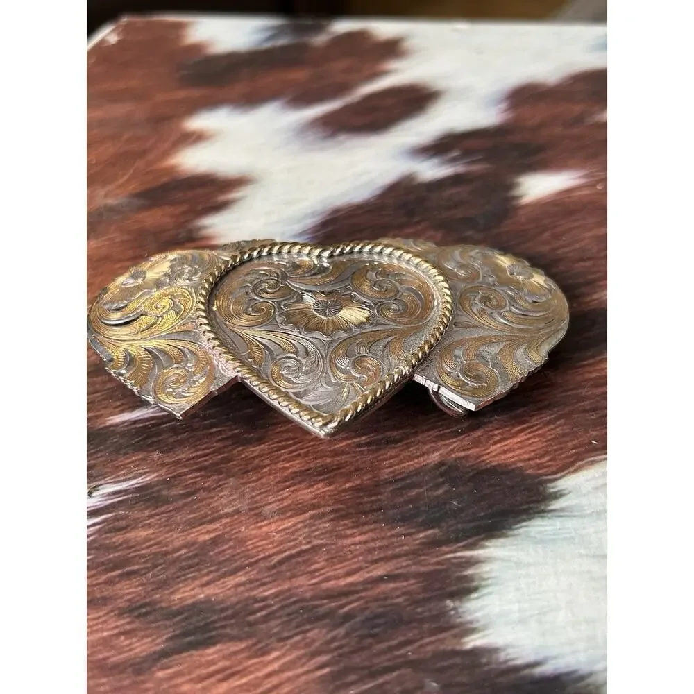 Vintage Triple Heart Sterling Silver Plate Montana Silversmiths Belt Buckle